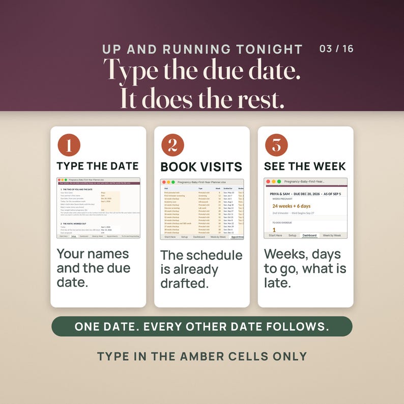May include: A digital pregnancy planner interface with three steps: 1. Type the date, 2. Book visits, 3. See the week. Text reads: Up and running tonight. Type the due date. It does the rest. One date. Every other date follows. Type in the amber cells only.