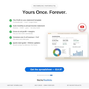 May include: A digital Profit & Loss statement template for Excel and Google Sheets. The graphic displays an overview dashboard with financial data, a pie chart, and a bar graph. Text includes Yours Once. Forever., features list, and a blue button.