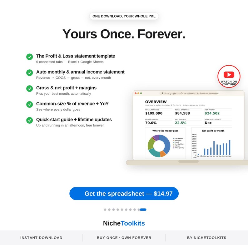 May include: A digital Profit & Loss statement template for Excel and Google Sheets. The graphic displays an overview dashboard with financial data, a pie chart, and a bar graph. Text includes Yours Once. Forever., features list, and a blue button.