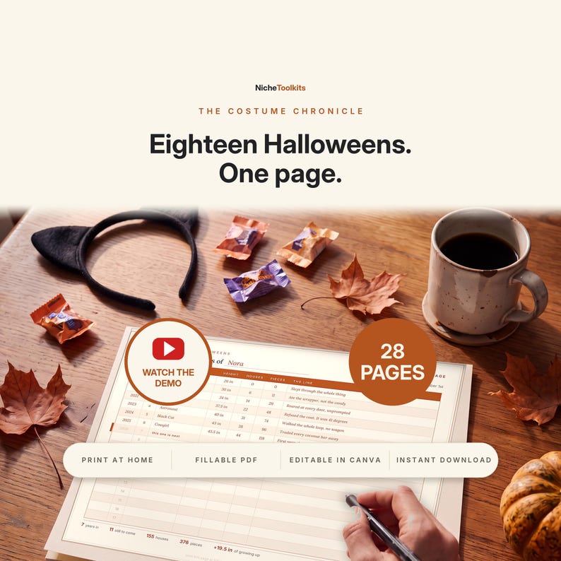 May include: A digital planner titled The Costume Chronicle with the text Eighteen Halloweens. One page. The document features a table for tracking costume details, with buttons for Watch The Demo and 28 Pages. It is a printable, fillable PDF.