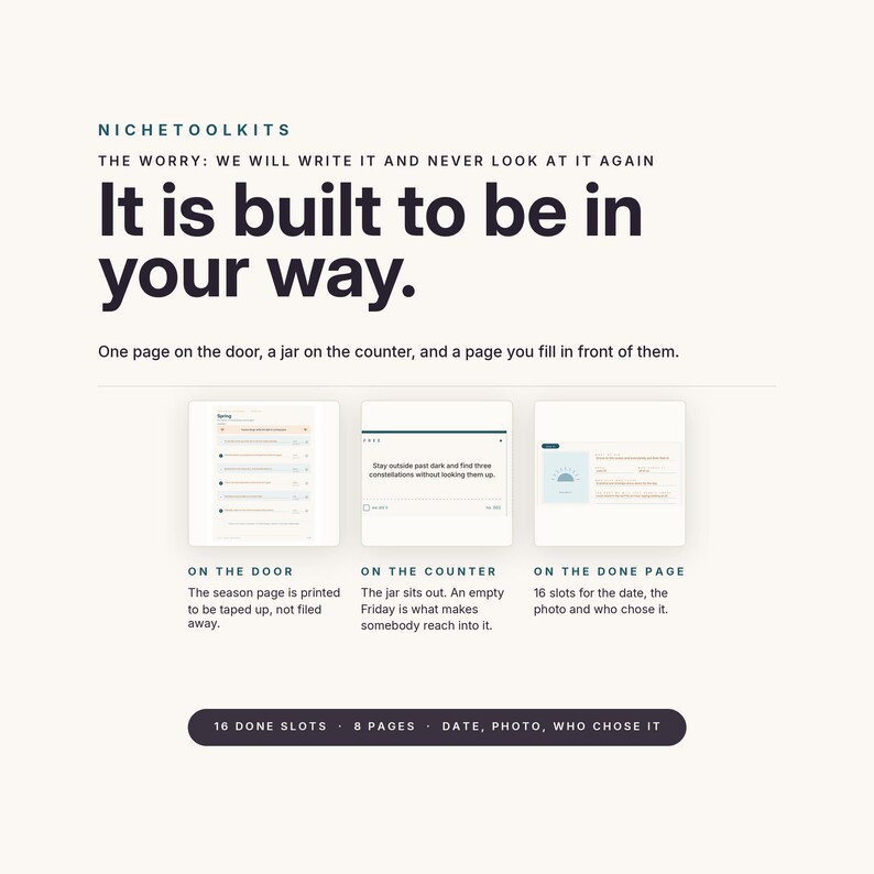 Op de afbeelding: Een NicheToolkits informatieve afbeelding met de tekst: The worry: we will write it and never look at it again. It is built to be in your way. One page on the door, a jar on the counter, and a page you fill in front of them. Bevat drie visuele voorbeelden en 16 done slots, 8 pages, date, photo, who chose it.