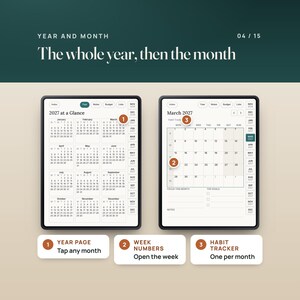 The 2027 at a Glance page, where each month links to its month page, beside the March 2027 month page with linked week numbers, a habit tracker link, focus, top goals and notes.