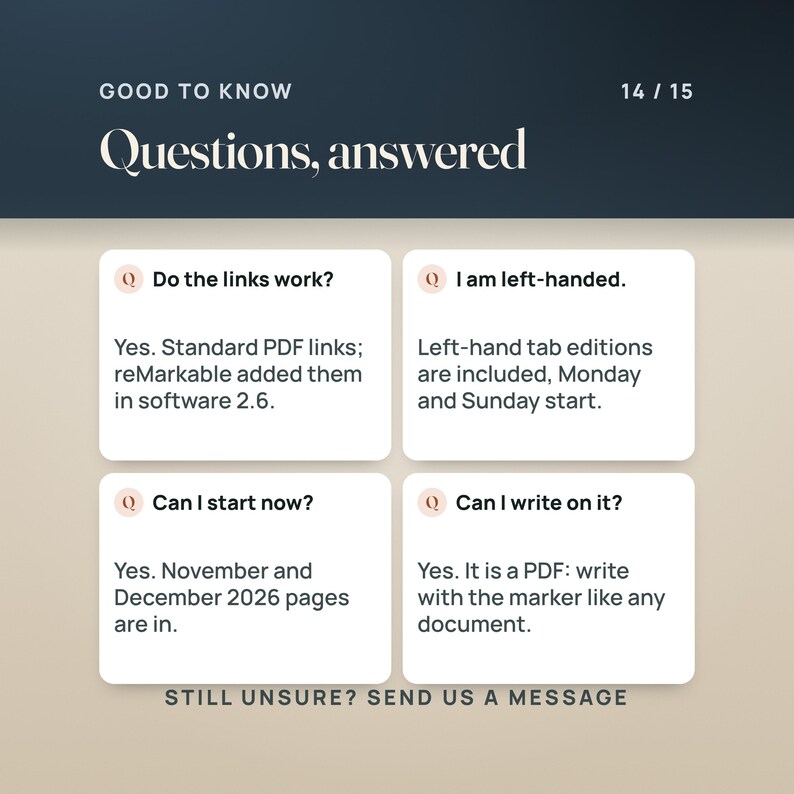 Questions answered: the links are standard PDF links (reMarkable software 2.6 and later), left-hand editions are included, November and December 2026 pages are in, and you write on it like any PDF.
