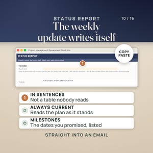 May include: A digital status report interface titled The weekly update writes itself, featuring a spreadsheet window, a copy paste button, and three sections labeled In Sentences, Always Current, and Milestones with descriptive text for project management.
