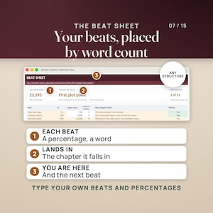 The Beat Sheet tab: each beat is a percentage and a target word, placed in the chapter it falls in, with the beat you are in and the next one; type your own beats and percentages.