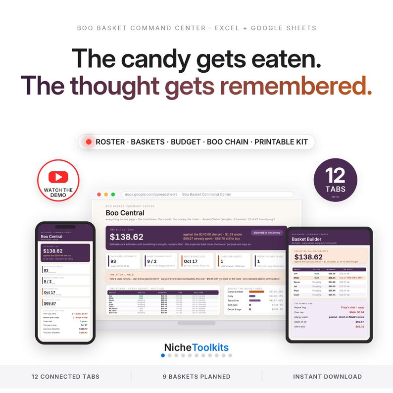 May include: A digital Boo Basket Command Center spreadsheet for Excel and Google Sheets. The interface displays a dashboard with 12 tabs, including Roster, Baskets, Budget, Boo Chain, and Printable Kit. It features a mobile and desktop view.