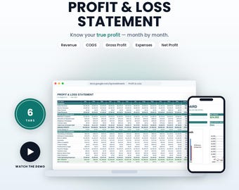 Profit and Loss Statement Template | Excel & Google Sheets | Small Business Income Statement, Monthly and Annual Spreadsheet