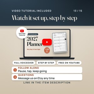 Video tutorial included: a laptop showing the YouTube walkthrough thumbnail. Full voiceover, step by step, free on YouTube. Follow along and message us on Etsy with questions. Link in the item description.
