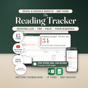 May include: A digital reading tracker spreadsheet for Excel and Google Sheets featuring a dashboard with 13 tabs, a YouTube tutorial, pace math, and amber cells. The interface displays reading logs, TBR lists, and year-in-books data on desktop and mobile.