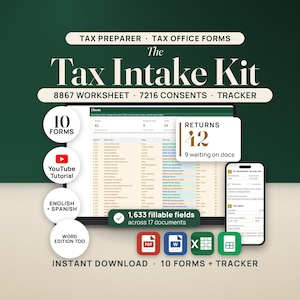 Listing image for The Tax Intake Kit, tax preparer and tax office forms. A laptop shows the Tax Client Tracker Clients tab with 42 returns and 9 waiting on documents, a callout repeats 42 returns and 9 waiting on docs, and a phone shows the filled Spanish intake form. Badges read 10 forms, YouTube tutorial, English plus Spanish, Word edition too, and 1,633 fillable fields across 17 documents, with PDF, Word, Excel and Google Sheets icons.