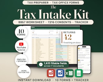 Tax Preparer Client Intake Forms, Tax Office Bundle | Form 8867 Due Diligence Worksheet, Engagement Letter, Tax Organizer, Spanish, PDF Word