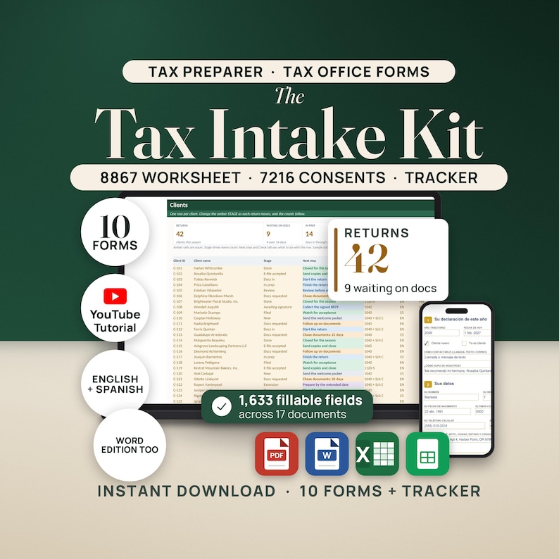 Listing image for The Tax Intake Kit, tax preparer and tax office forms. A laptop shows the Tax Client Tracker Clients tab with 42 returns and 9 waiting on documents, a callout repeats 42 returns and 9 waiting on docs, and a phone shows the filled Spanish intake form. Badges read 10 forms, YouTube tutorial, English plus Spanish, Word edition too, and 1,633 fillable fields across 17 documents, with PDF, Word, Excel and Google Sheets icons.