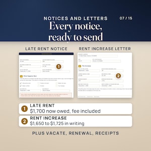 Notices and letters: a late rent notice showing $1,700 now owed with the late fee included, and a rent increase letter that raises the rent from $1,650 to $1,725 in writing. The kit also has a notice to vacate, a lease renewal and rent receipts.