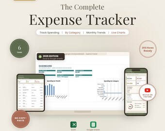 Pode incluir: Um rastreador de despesas digital para Excel e Google Sheets, edição 2026. A tela mostra um painel com gráficos de gastos, tendências mensais e detalhamento por categorias em um laptop, um tablet e um smartphone. Inclui 6 abas.
