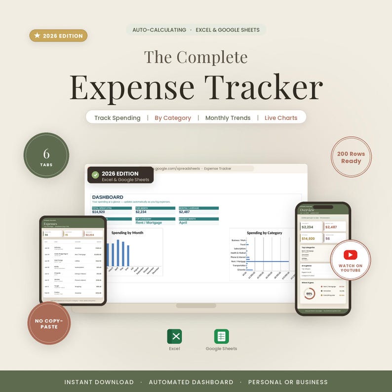 May include: A digital expense tracker for Excel and Google Sheets titled The Complete Expense Tracker 2026 Edition. The interface displays a dashboard with spending charts, monthly trends, and category breakdowns on a laptop, tablet, and smartphone screen.