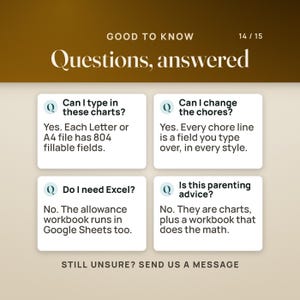 Questions, answered. Can I type in these charts? Yes, each Letter or A4 file has 804 fillable fields. Can I change the chores? Yes, every chore line is a field you type over, in every style. Do I need Excel? No, the allowance workbook runs in Google Sheets too. Is this parenting advice? No, they are charts, plus a workbook that does the math.