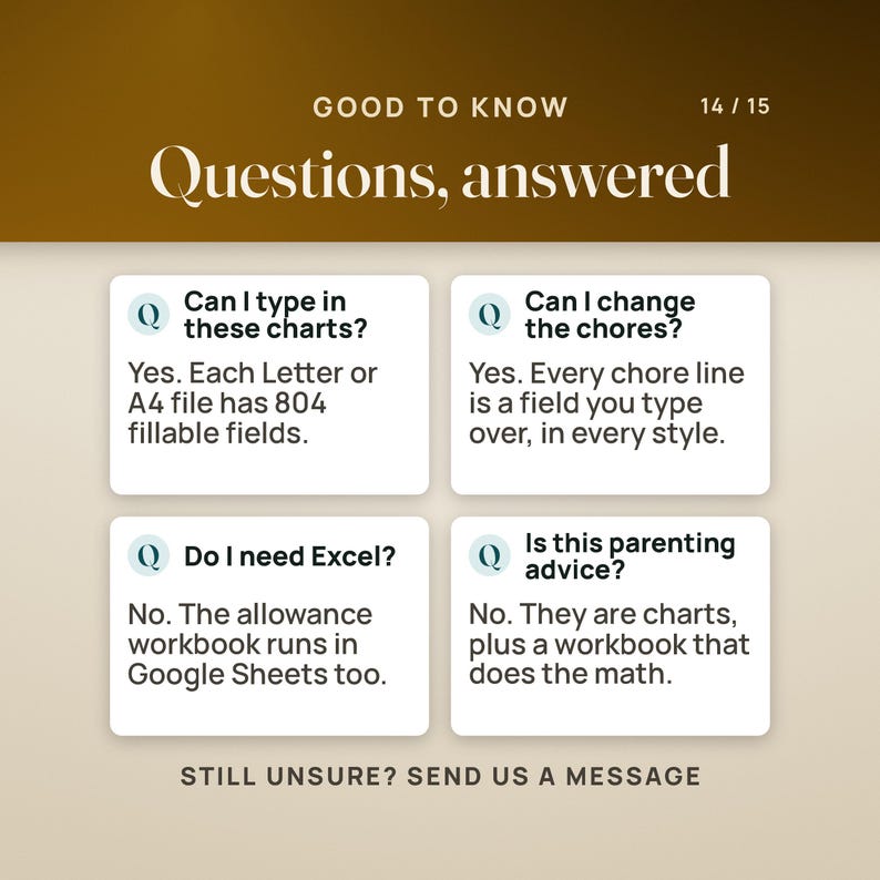 Questions, answered. Can I type in these charts? Yes, each Letter or A4 file has 804 fillable fields. Can I change the chores? Yes, every chore line is a field you type over, in every style. Do I need Excel? No, the allowance workbook runs in Google Sheets too. Is this parenting advice? No, they are charts, plus a workbook that does the math.