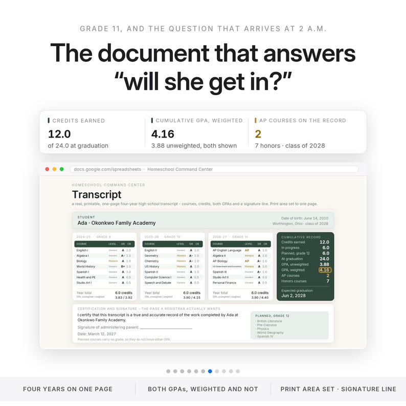 K&ouml;nnte beinhalten: Ein digitales Dokument mit dem Titel Homeschool Command Center Transcript f&uuml;r Ada an der Okonkwo Family Academy. Es zeigt akademische Aufzeichnungen f&uuml;r die Klassen 9 bis 11, einschlie&szlig;lich Kursen, Credits und Notendurchschnitten sowie eine Zusammenfassung.