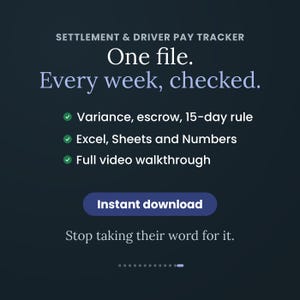 May include: A dark blue digital graphic for a Settlement & Driver Pay Tracker. Text reads: One file. Every week, checked. Features include variance, escrow, 15-day rule, compatibility with Excel, Sheets, and Numbers, a video walkthrough, and an instant download button.