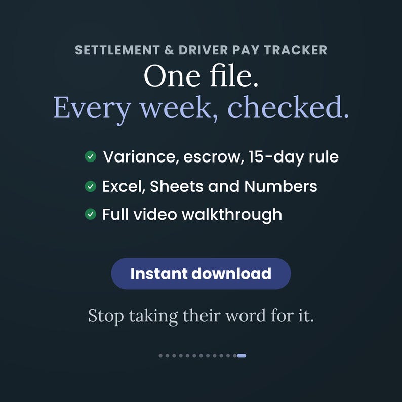 May include: A dark blue digital graphic for a Settlement & Driver Pay Tracker. Text reads: One file. Every week, checked. Features include variance, escrow, 15-day rule, compatibility with Excel, Sheets, and Numbers, a video walkthrough, and an instant download button.