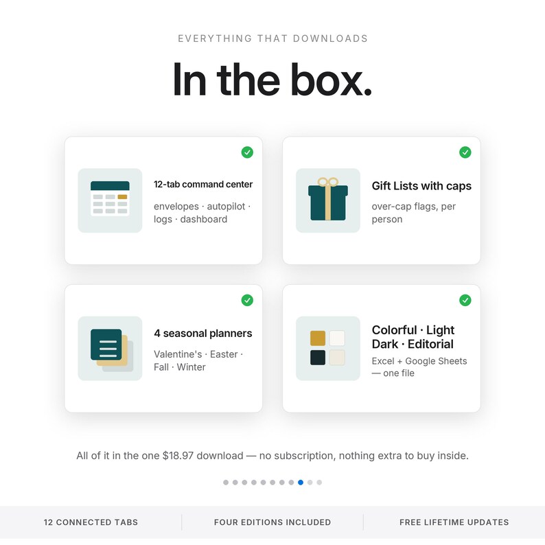 May include: A digital product overview titled Everything That Downloads In the box. It features four cards: a 12-tab command center, gift lists with caps, four seasonal planners, and colorful light, dark, and editorial options for Excel and Google Sheets.