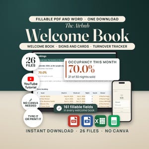 Puede incluir: Un conjunto de plantillas digitales de libro de bienvenida para Airbnb con archivos PDF y Word rellenables. Incluye 26 archivos, un rastreador de rotaci&oacute;n, letreros y tarjetas. Con textos como 161 campos rellenables y No Canva Needed.