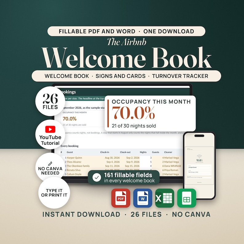 Puede incluir: Un conjunto de plantillas digitales de libro de bienvenida para Airbnb con archivos PDF y Word rellenables. Incluye 26 archivos, un rastreador de rotaci&oacute;n, letreros y tarjetas. Con textos como 161 campos rellenables y No Canva Needed.