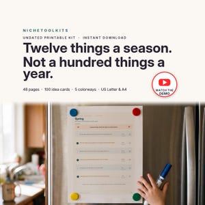 Op de afbeelding: Een printbare set met de titel Twelve things a season. Not a hundred things a year. Het document bevat een lentelijst met genummerde items, selectievakjes en lijnen om op te schrijven. Het is met vier gekleurde magneten aan de koelkast bevestigd.