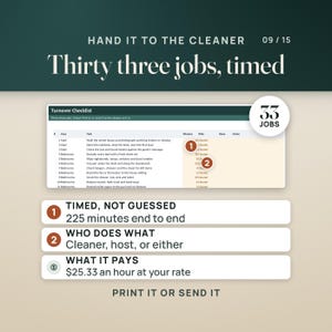 Puede incluir: Un documento de lista de verificaci&oacute;n de rotaci&oacute;n titulado Hand It To The Cleaner con el texto Thirty three jobs, timed. El documento incluye una tabla que enumera tareas, &aacute;reas y estimaciones de tiempo, con secciones adicionales que detallan 225 minutos de tiempo total, roles y tarifas de pago.