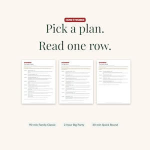 Three ready-made evening plans side by side: the 90-minute Family Classic, the 2-hour Big Party, and the 30-minute Quick Round, each a one-page run of show with times and swap suggestions.