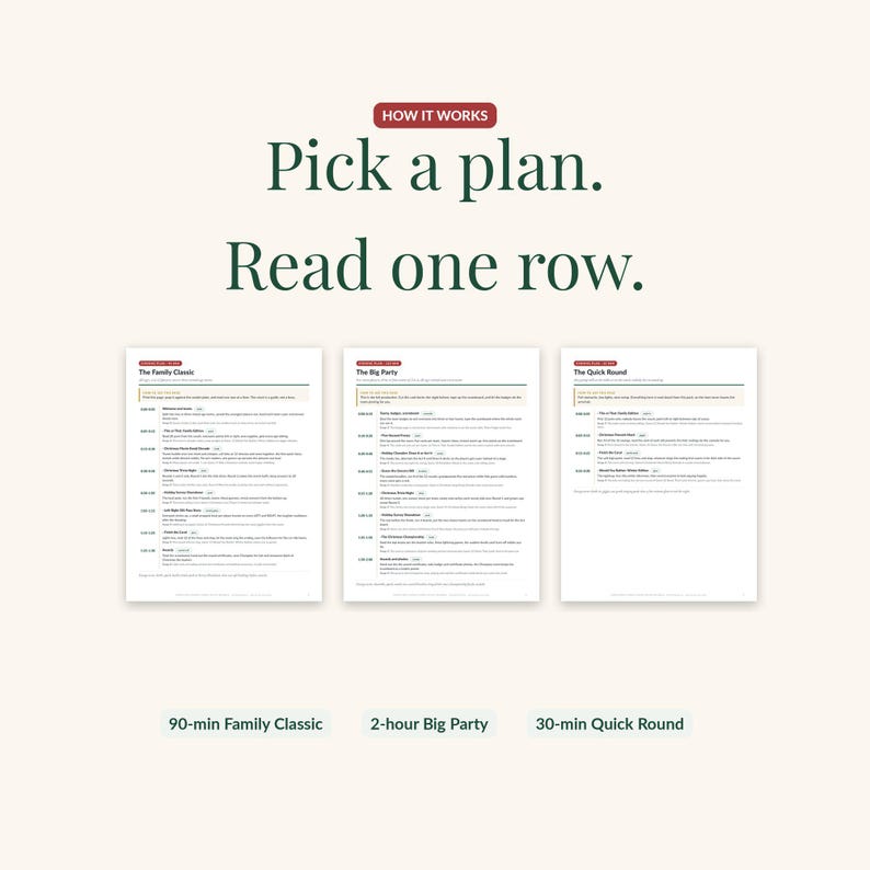 Three ready-made evening plans side by side: the 90-minute Family Classic, the 2-hour Big Party, and the 30-minute Quick Round, each a one-page run of show with times and swap suggestions.