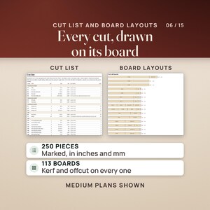 Two plan pages side by side from the Medium plans: the cut list, grouped by stock with a mark, quantity, length in inches and millimeters, cut notes and step for every piece, and the board layouts, where each 2x4 is drawn with its cuts, the saw kerf and the offcut. Rows read 250 pieces and 113 boards.