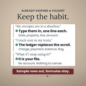 Może przedstawiać: Cyfrowa grafika z tekstem ALREADY KEEPING A FOLDER? Keep the habit. Zawiera trzy scenariusze z rozwiązaniami: Type them in, one line each; The ledger replaces the scroll; It is your file. Ciemnoczerwony pasek na dole zawiera napis Sample rows out, formulas stay.