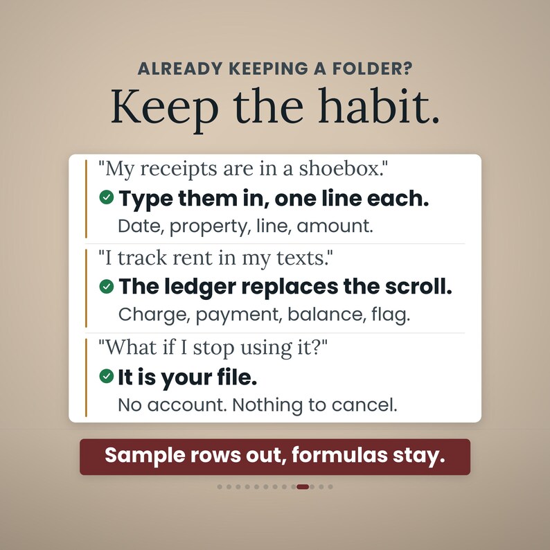 Może przedstawiać: Cyfrowa grafika z tekstem ALREADY KEEPING A FOLDER? Keep the habit. Zawiera trzy scenariusze z rozwiązaniami: Type them in, one line each; The ledger replaces the scroll; It is your file. Ciemnoczerwony pasek na dole zawiera napis Sample rows out, formulas stay.