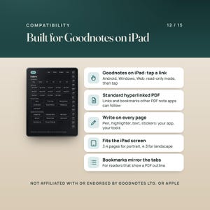 Compatibility: built for Goodnotes on iPad, where links open on tap; read-only mode on Android, Windows and Web. A standard hyperlinked PDF with bookmarks that other PDF note apps can follow. Write on every page.