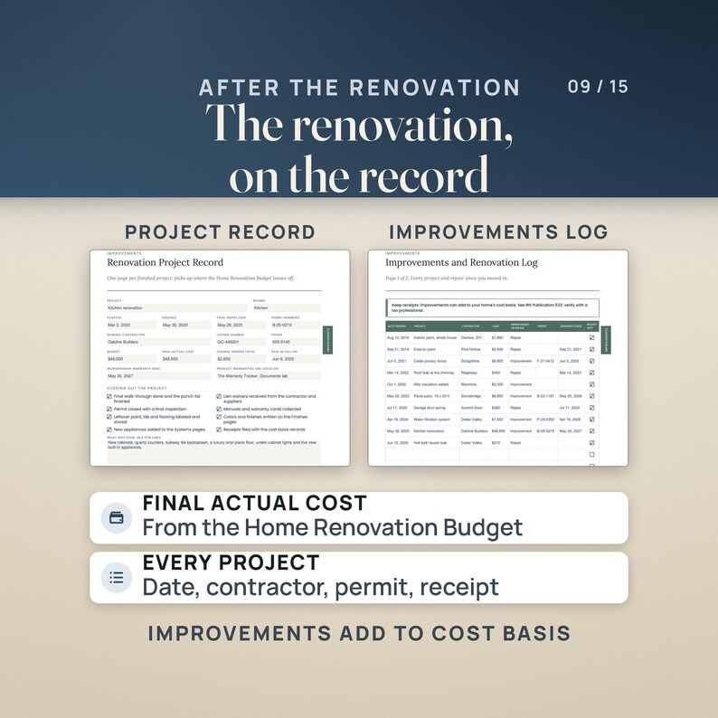 Two filled binder pages: the Renovation Project Record for a sample kitchen renovation (budget $46,000, final actual cost $48,650, permit and warranty dates) and the Improvements and Renovation Log listing every project and repair with date, contractor, cost and permit.