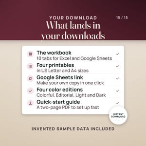 What you get: the 10-tab workbook, four printables in US Letter and A4, a Google Sheets copy link, four color editions and a two-page quick-start guide. Instant download.