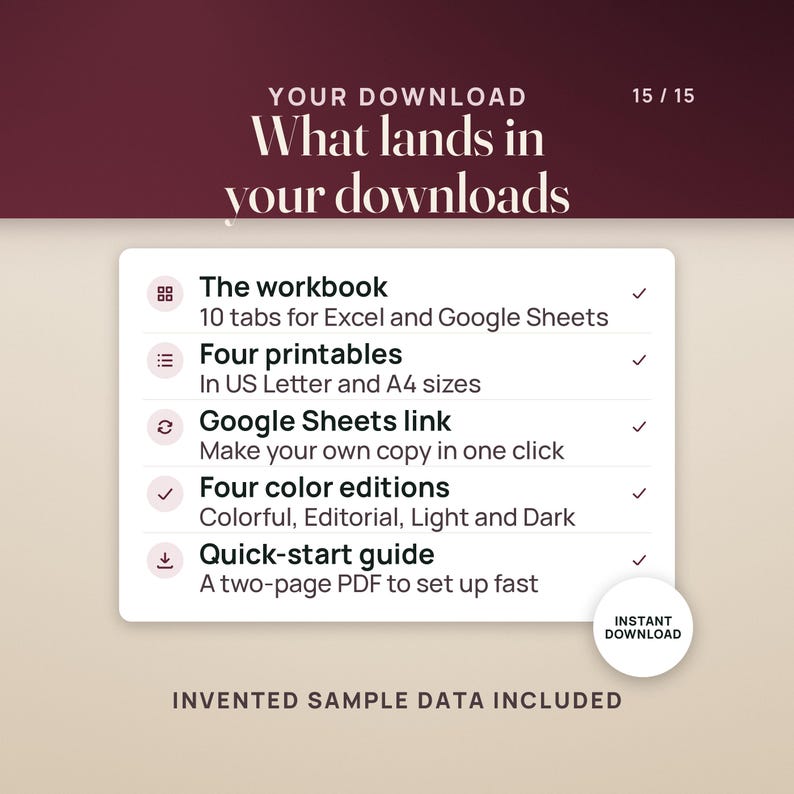 What you get: the 10-tab workbook, four printables in US Letter and A4, a Google Sheets copy link, four color editions and a two-page quick-start guide. Instant download.
