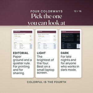 May include: A digital dashboard display showing three colorway options: Editorial with a paper-like background, Light with a bright interface, and Dark with a black background. Text includes "FOUR COLORWAYS", "Pick the one you can look at", and "COLORFUL IS THE FOURTH".