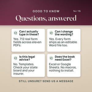 May include: An informational graphic titled Good to Know 14/15 Questions, answered. It features four white boxes with Q icons, each containing a question and answer about form fields, editable Word files, legal advice, and software requirements.