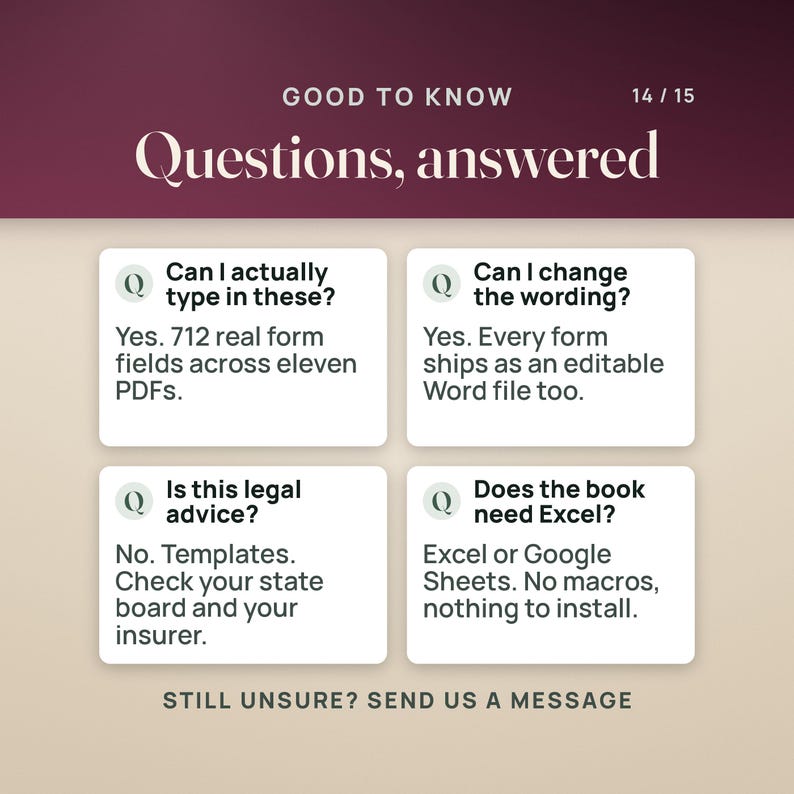 May include: An informational graphic titled Good to Know 14/15 Questions, answered. It features four white boxes with Q icons, each containing a question and answer about form fields, editable Word files, legal advice, and software requirements.