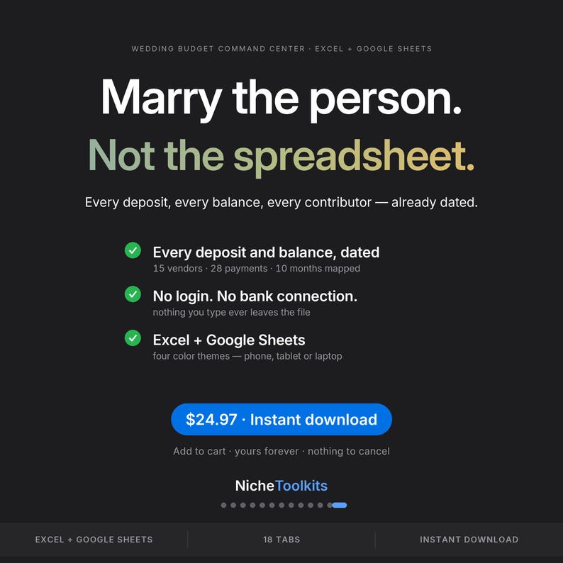 May include: A black digital product graphic for a wedding budget command center for Excel and Google Sheets. Text reads: Marry the person. Not the spreadsheet. Every deposit, every balance, every contributor &mdash; already dated. Includes a blue download button.