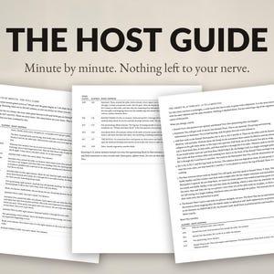 Op de afbeelding: Drie witte vellen papier met zwarte tekst onder de titel THE HOST GUIDE. De documenten bevatten een minuut-tot-minuut schema voor een evenement, inclusief kolommen voor tijd, verstreken tijd en specifieke activiteiten voor de gastheer.