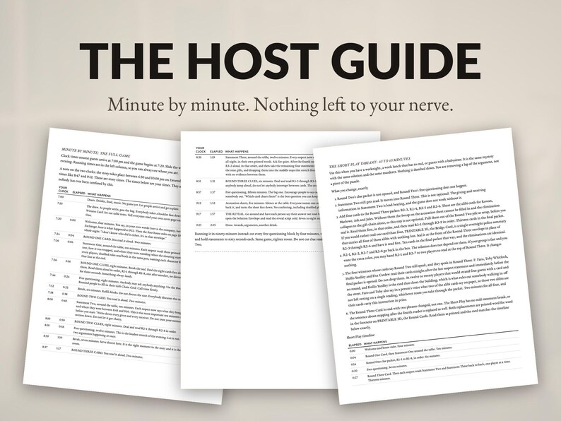 Op de afbeelding: Drie witte vellen papier met zwarte tekst onder de titel THE HOST GUIDE. De documenten bevatten een minuut-tot-minuut schema voor een evenement, inclusief kolommen voor tijd, verstreken tijd en specifieke activiteiten voor de gastheer.