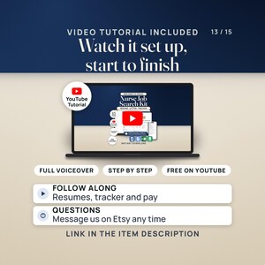 Video tutorial included: a laptop shows the tutorial thumbnail with a play button and a YouTube seal; pills read full voiceover, step by step, free on YouTube. Follow along with the resumes, tracker and pay calculator; the link is in the item description.