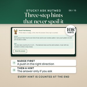 Stuck? Ask Nutmeg: the app's three-step hints on a Family lock, a nudge first, then a hint, and the answer only if you ask. 108 hints in all, and every hint is counted at the end.