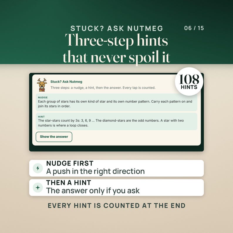 Stuck? Ask Nutmeg: the app's three-step hints on a Family lock, a nudge first, then a hint, and the answer only if you ask. 108 hints in all, and every hint is counted at the end.