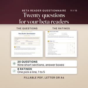 The Beta Reader Questionnaire: page 1 with the reader's details and the first answers, and the last page with the keep-reading question and eight ratings of 1 to 5, one pick a line. It holds 20 questions in nine short sections, as a fillable PDF on Letter or A4.