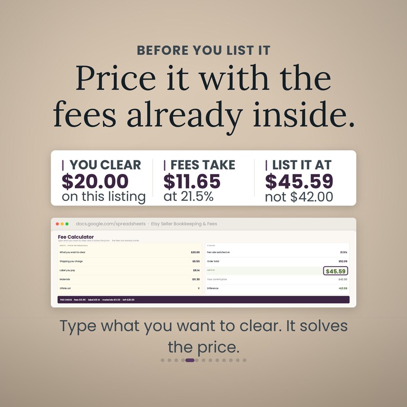 Pode incluir: Um gr&aacute;fico de calculadora de taxas com o texto BEFORE YOU LIST IT Price it with the fees already inside. Exibe YOU CLEAR $20.00, FEES TAKE $11.65 at 21.5% e LIST IT AT $45.59 not $42.00. Abaixo, uma interface de planilha e Type what you want to clear. It solves the price.