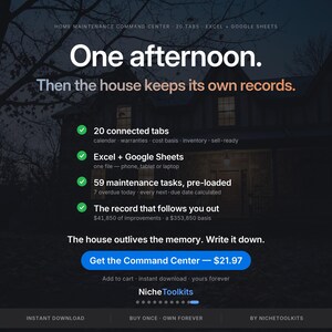 May include: A digital home maintenance command center template for Excel and Google Sheets. Features 20 connected tabs, 59 pre-loaded maintenance tasks, and automated tracking for warranties, inventory, and home improvements. Includes text: One afternoon. Then the house keeps its own records.